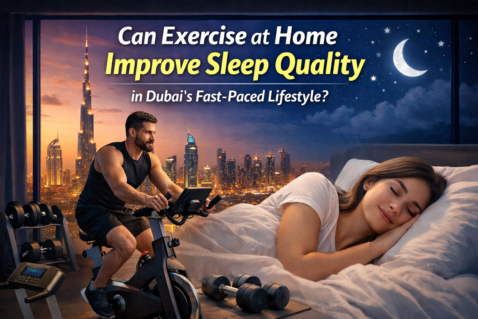 A fitness enthusiast exercising on a sationary bike in Dubai and a lady sleeping with titel" can. exercising at home improve sleep quality in Dubai's fast paced lifestyle?