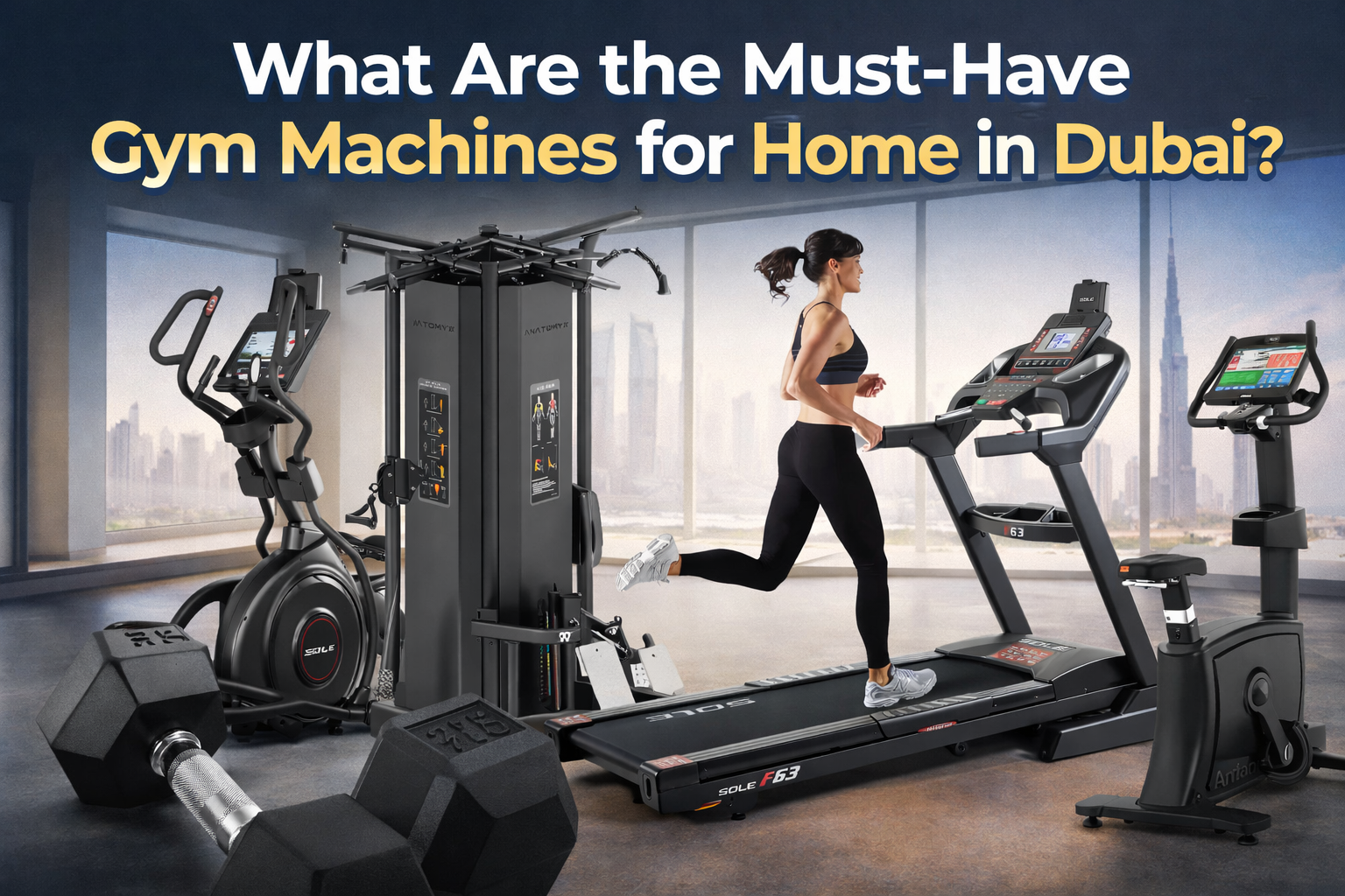 Home gym setup in Dubai featuring dumbbells, elliptical trainer, multi gym machine, treadmill with a woman running, and stationary bike with the title What Are the Must Have Gym Machines for Home in Dubai displayed above a modern city skyline