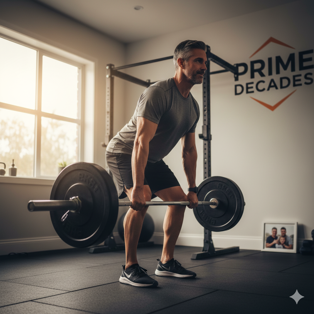 A smiling, fit senior woman demonstrates a dumbbell goblet squat in a bright home gym, highlighting a compound exercise essential for maintaining muscle mass, bone density, and functional strength after 40.