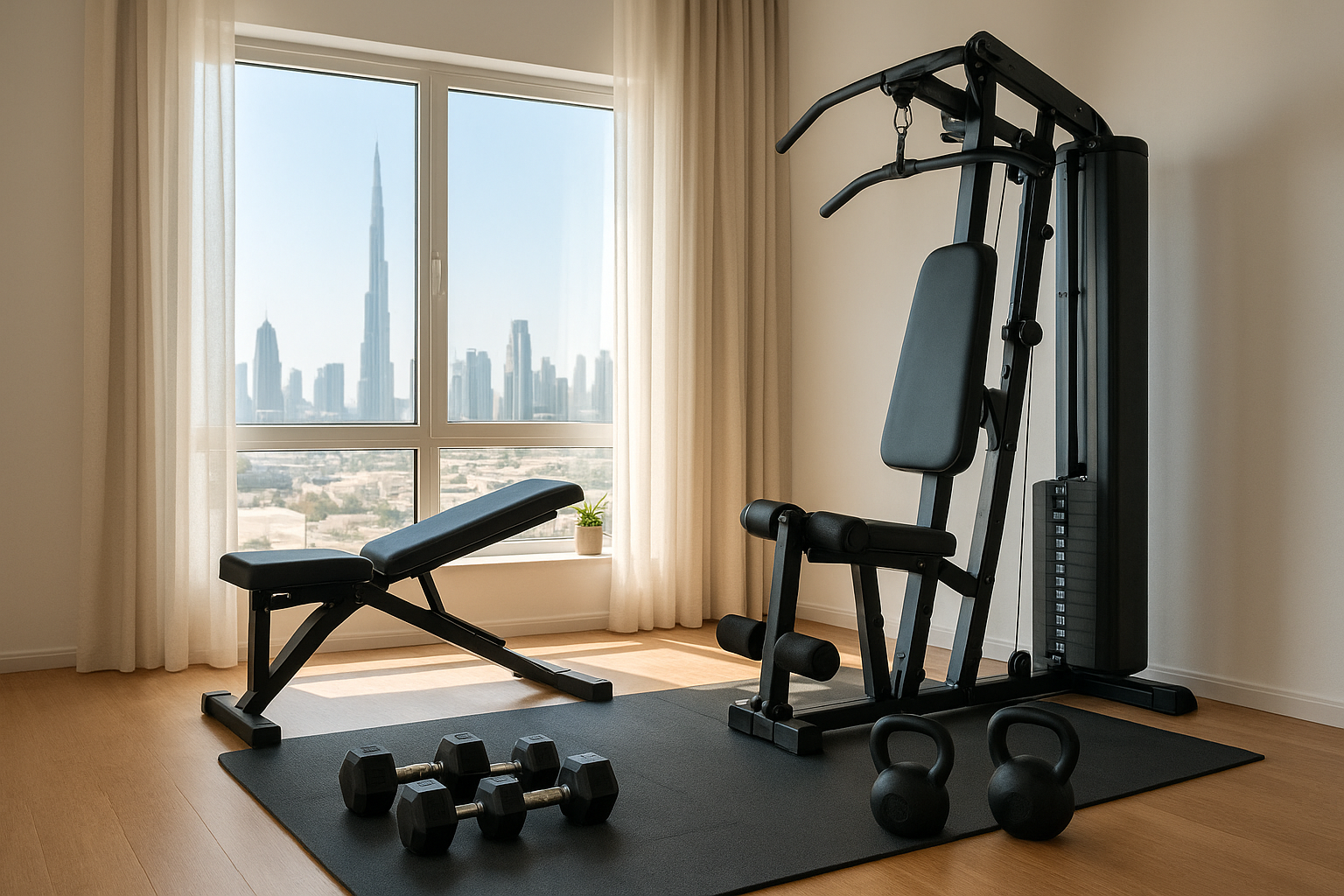 A home gym setup in Dubai with few gym equipments suitable for small space including dumbells, kettle bells, adjustable bench,