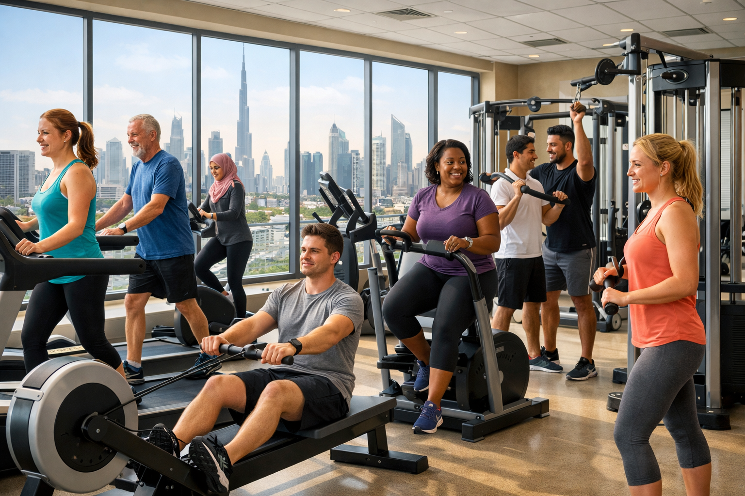 Beginner-friendly gym machines for belly fat loss in a modern Dubai gym, including treadmill, elliptical, and rowing machine