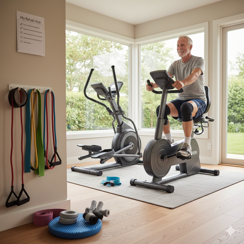 A fit, smiling senior woman performing a controlled dumbbell goblet squat in a brightly lit home gym. The background features racks of weights and gym equipment, symbolizing independent, long-term fitness after rehabilitation.