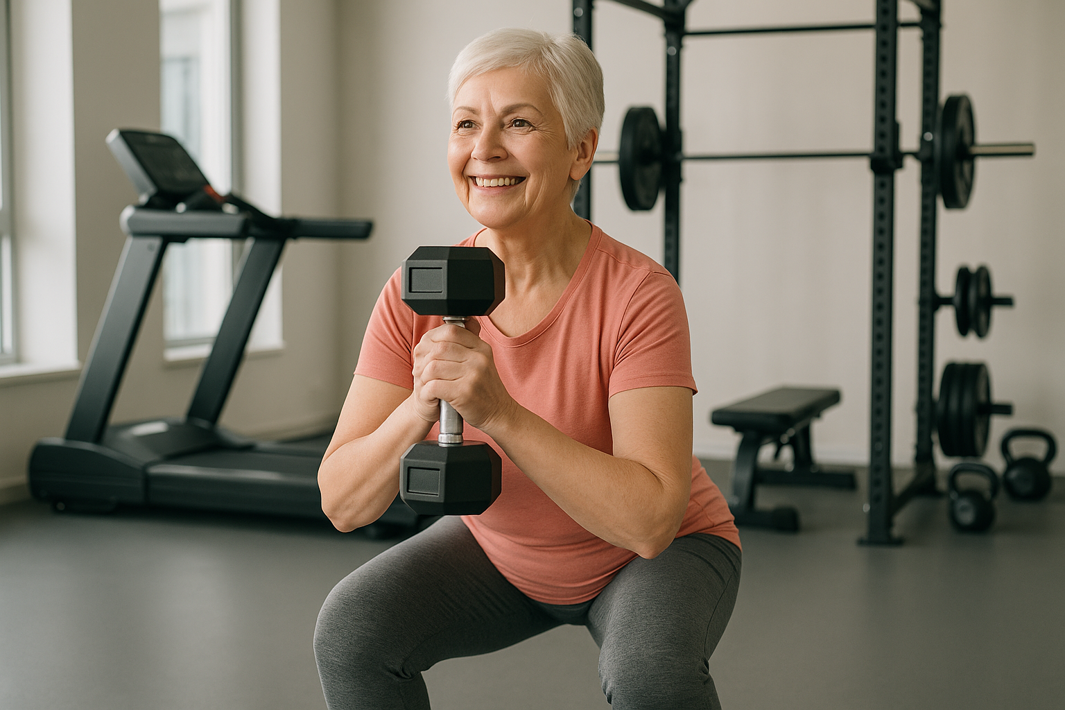 A cheerful, fit senior woman (mid-60s to early 70s) confidently performing a Dumbbell Goblet Squat with a light, manageable weight in a bright, modern gym or home gym setting. 