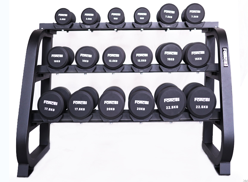 FORCE USA Commercial Round Dumbbells set with 3 Tier rack